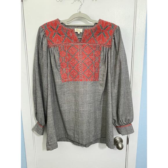 Layerz Blouse XL Black White Houndstooth Plaid Embroidered Preppy Office - Picture 1 of 7
